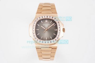 Super Clone Patek Philippe Nautilus Rose Gold Grey Dial Diamond Bezel PPF V4 Version Watch